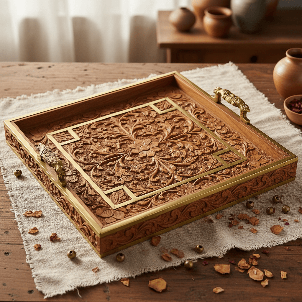 Wood and brass decorative tray with carving