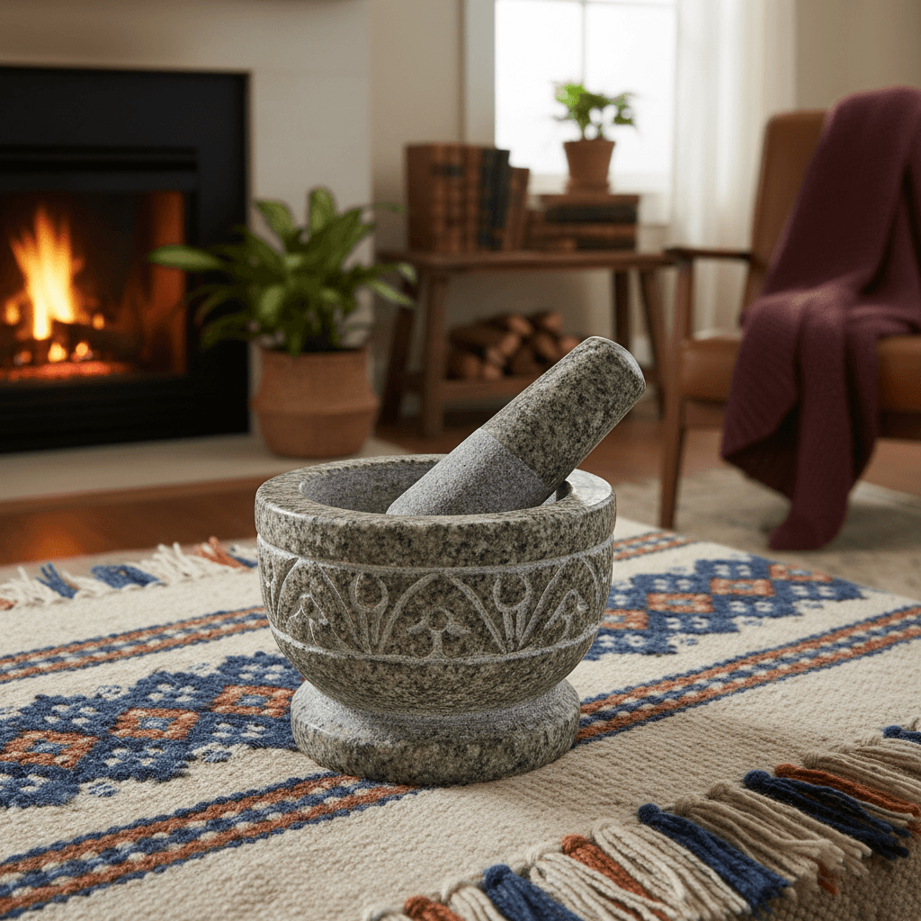 Stone mortar and pestle on woven textile