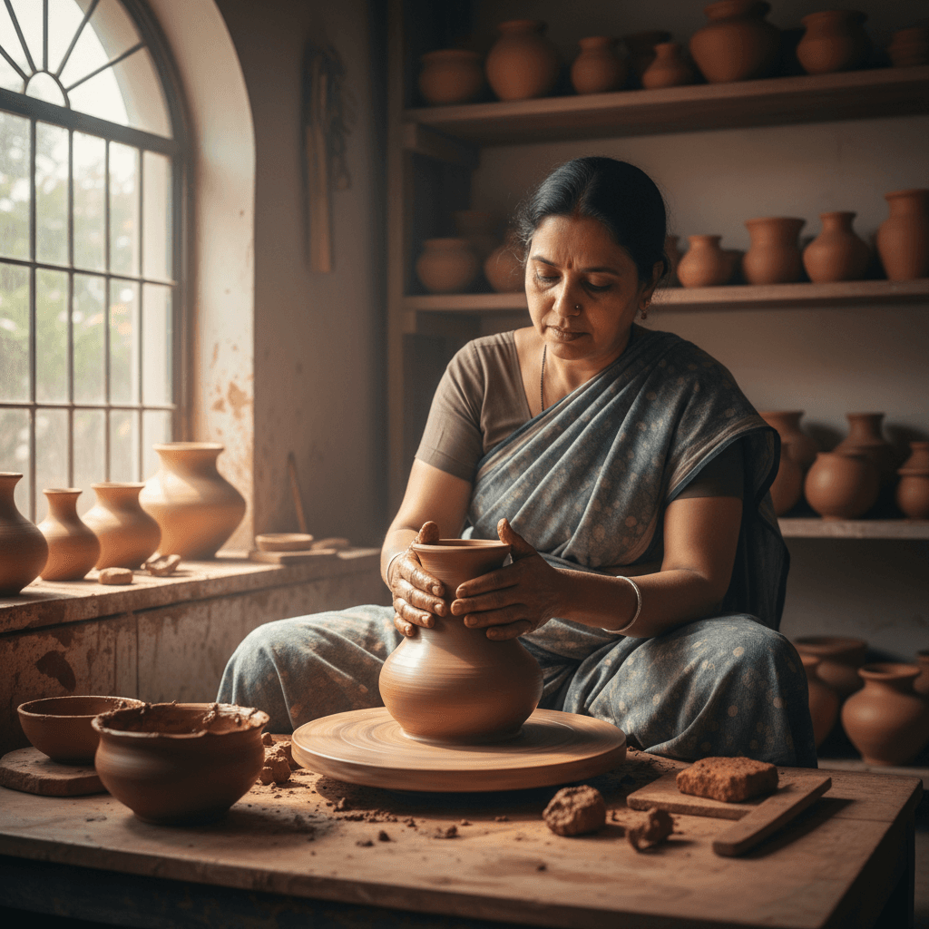 Hand-thrown clay pot being shaped on a pottery wheel