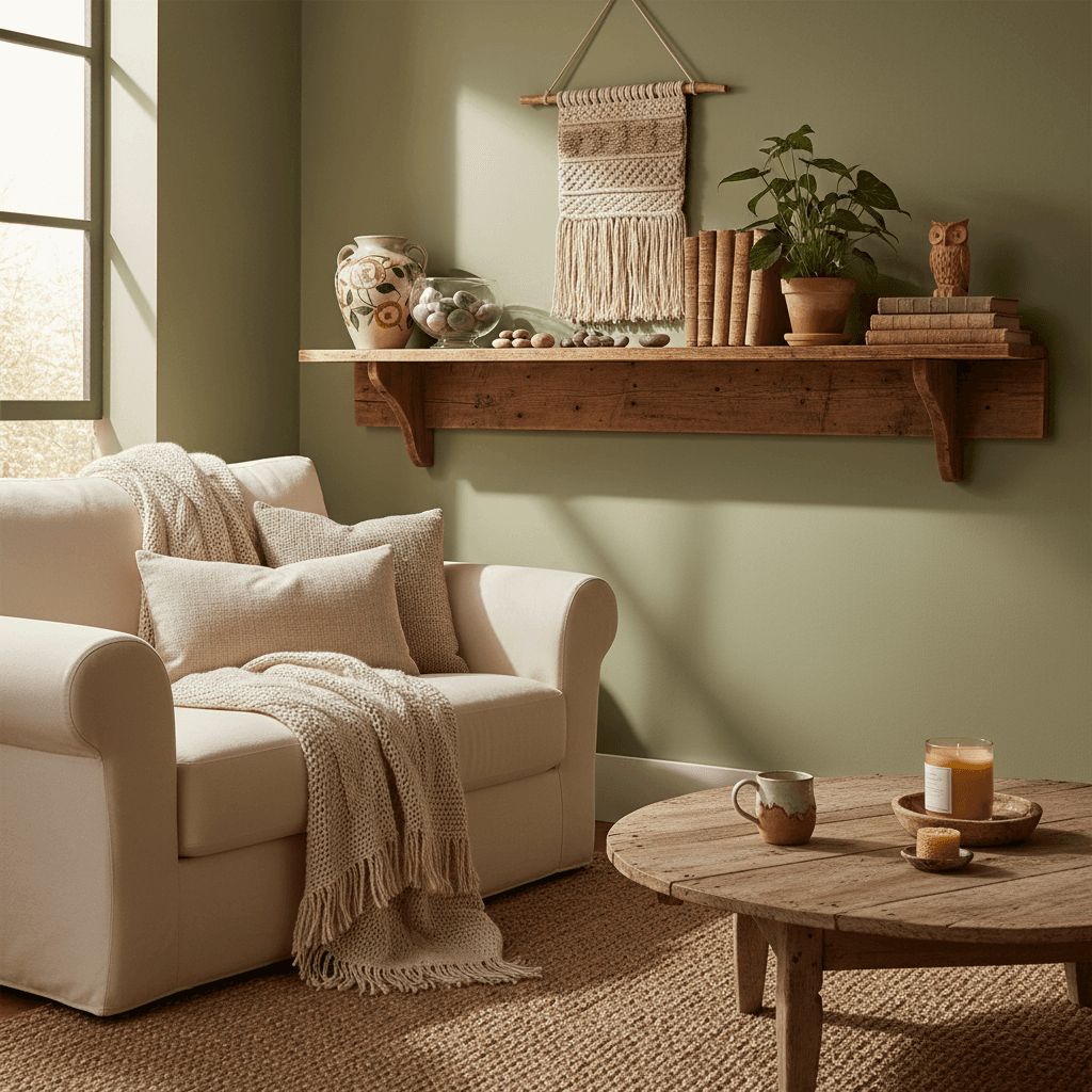 Cozy living room corner with handcrafted decor