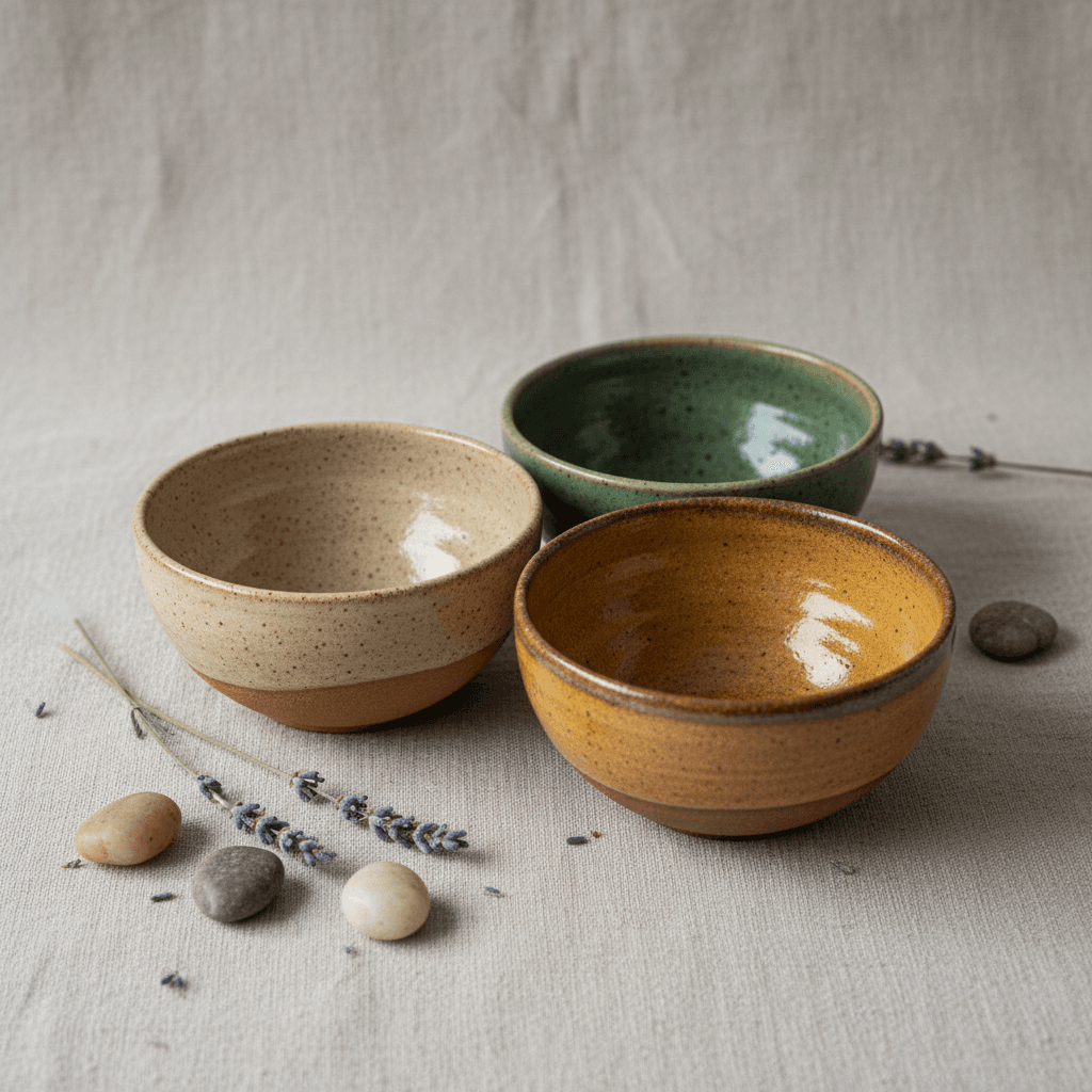 Set of small handcrafted bowls in earth tones