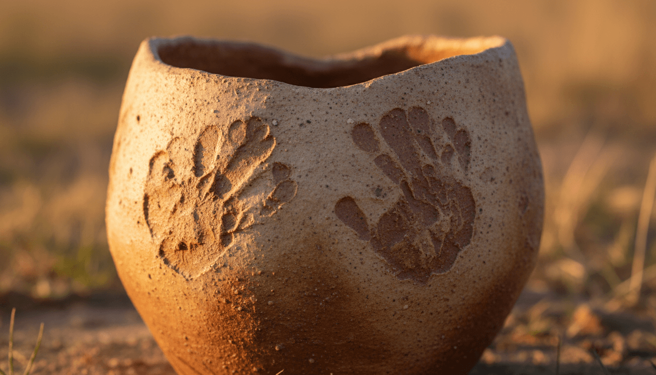Close-up of a handcrafted clay pot with textured surface, warm natural light