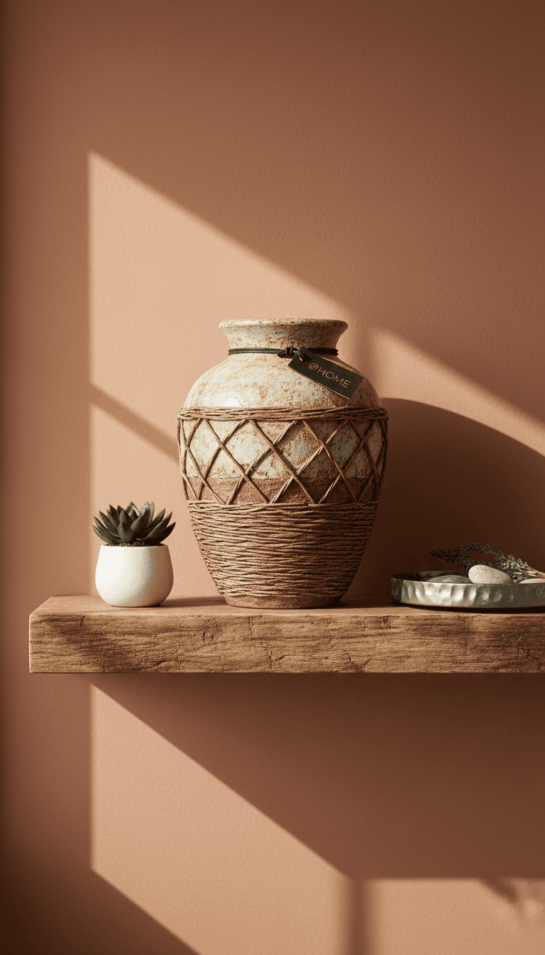 Textured ceramic vase with rope detailing on a rustic wooden shelf in warm sunlight.