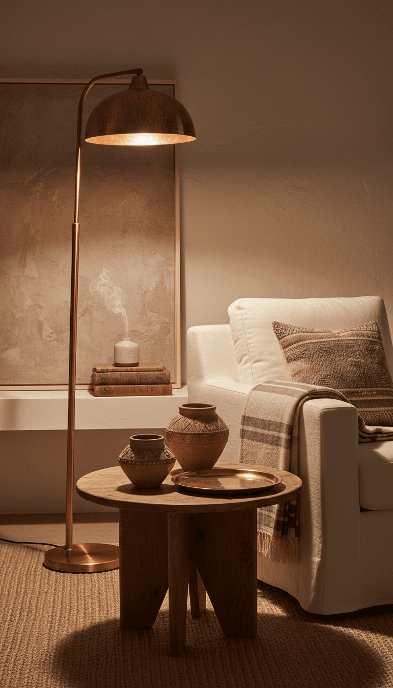 Copper lamp glowing warmly in a cozy living room corner