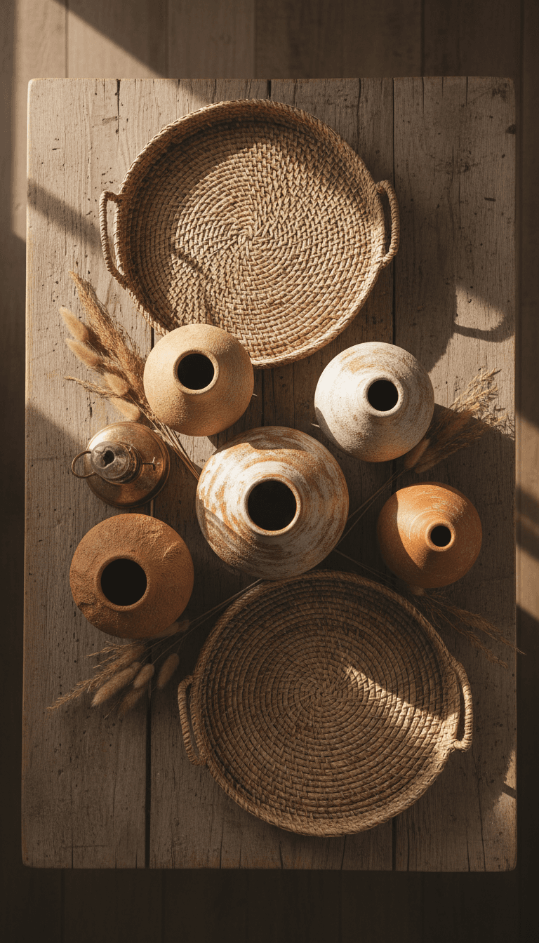 Overhead view of handcrafted clay pots, woven trays, and a small brass lamp on a wooden table