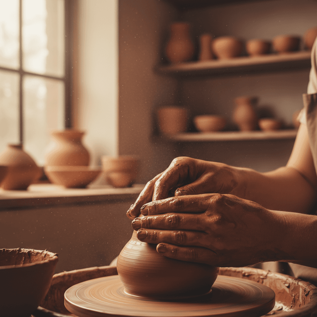 Handmade pots drying in the sun outdoors