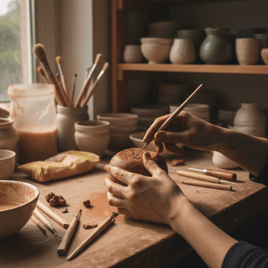 Group of craftspeople working outdoors with raw clay and wooden tools