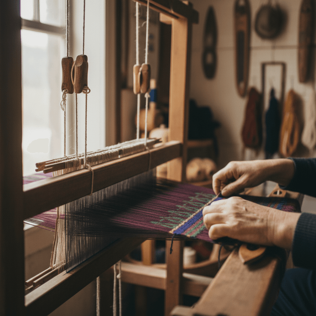 Woman weaving natural fibers into a decorative tray in a sunlit village