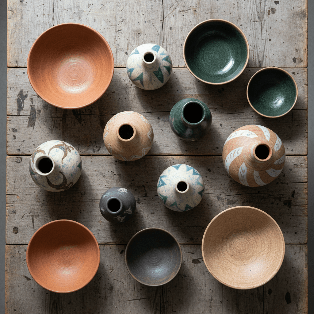 Collection of handcrafted ceramic pots and urns in warm browns and ochres on a shelf