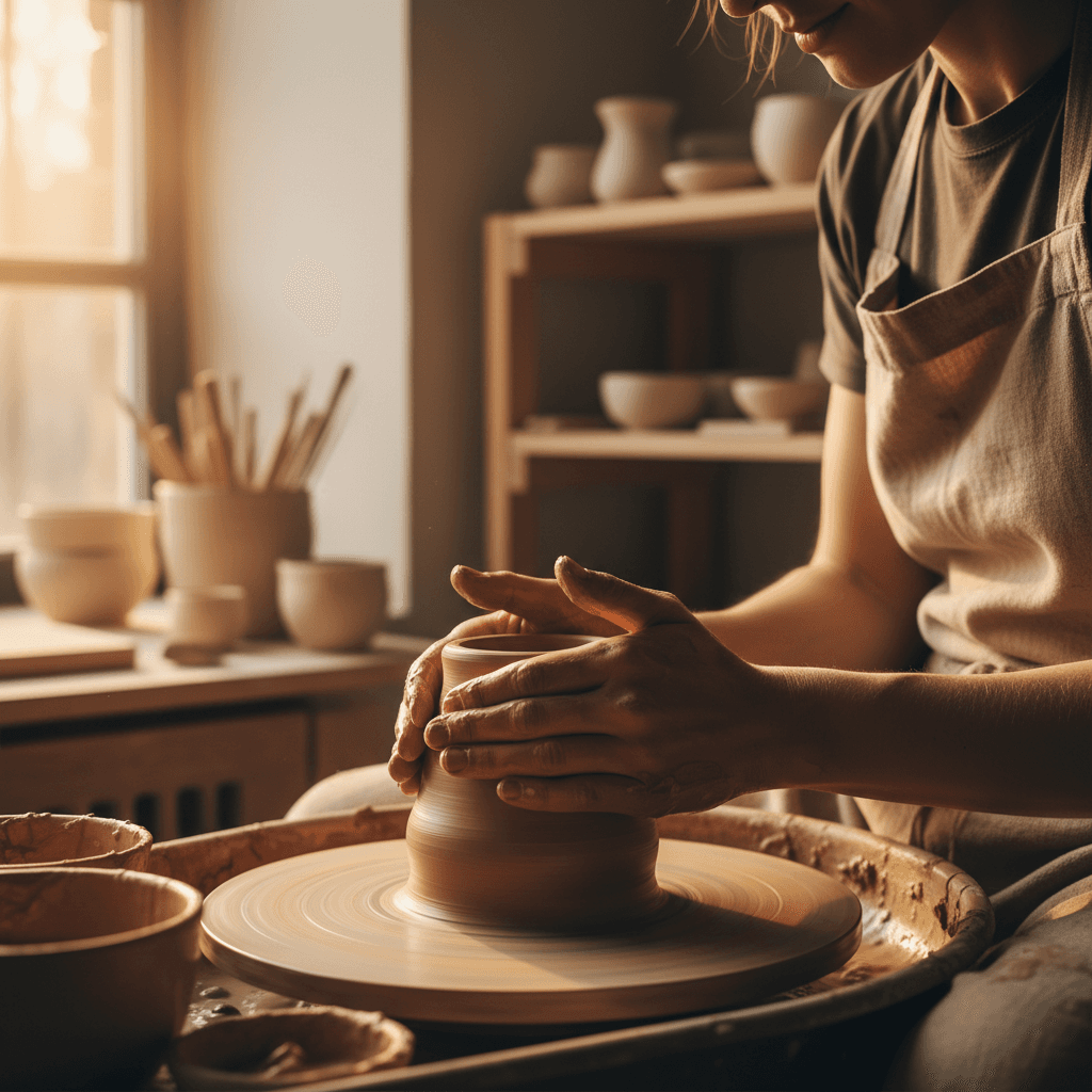 Artisan hands shaping a clay pot on a pottery wheel in a rustic workshop with natural light