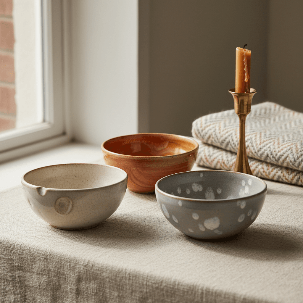 Handcrafted pots on a wooden shelf in a cozy home