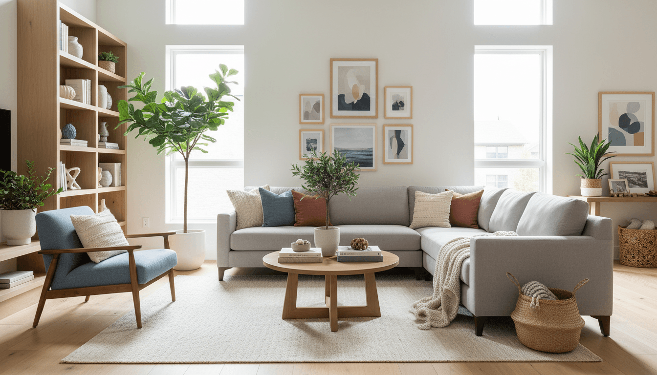 A calm living room setting with a handcrafted urn, dried pampas grass, and soft afternoon light