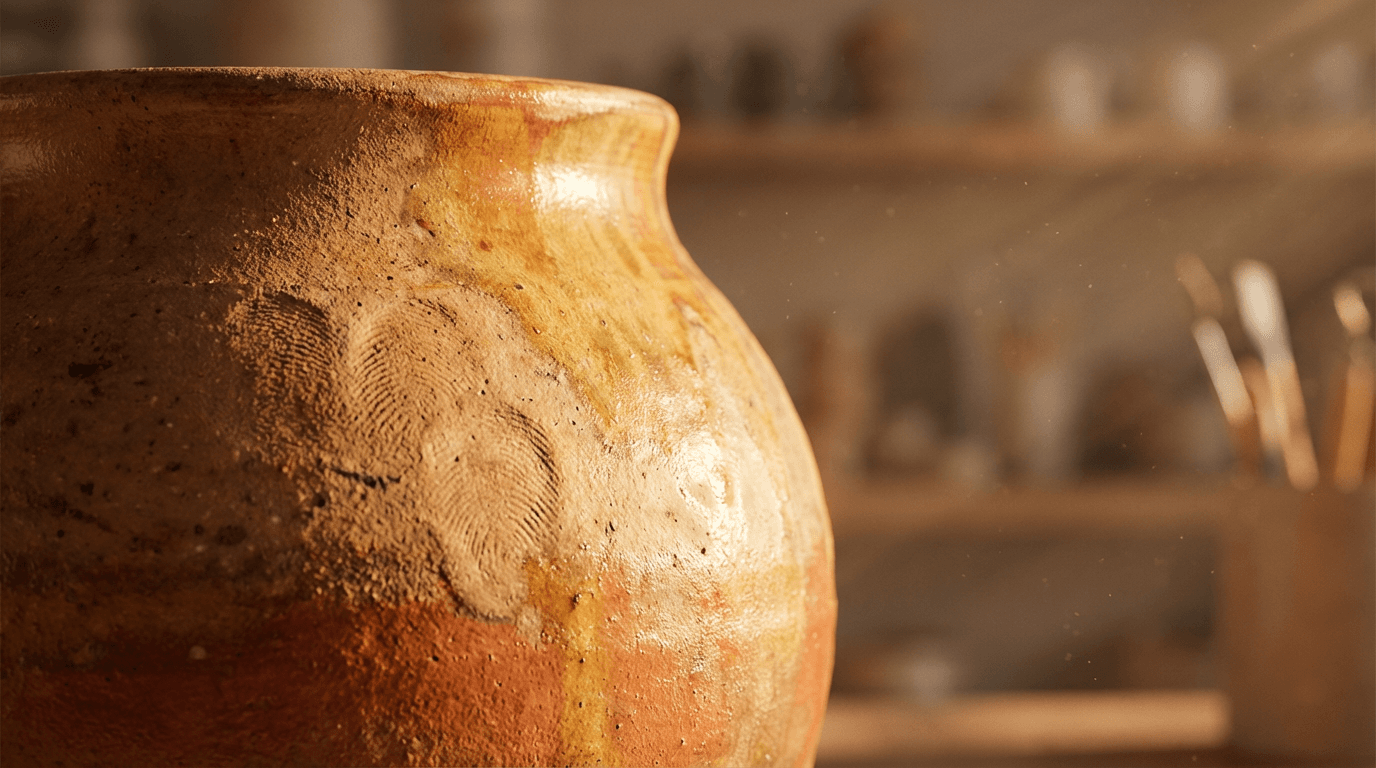Handcrafted terracotta pot with natural texture on wooden surface