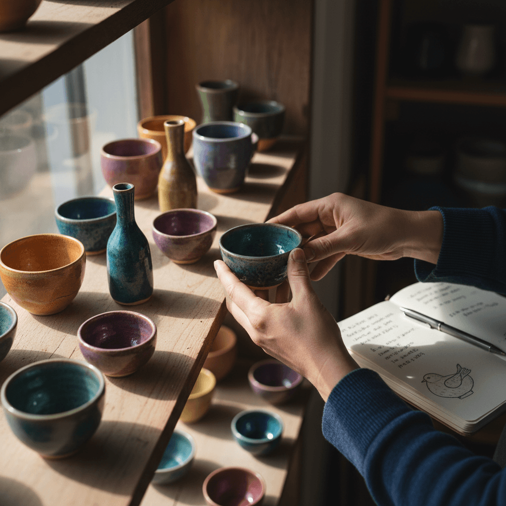 Stack of finished handcrafted pots and trays on a wooden table in a village courtyard