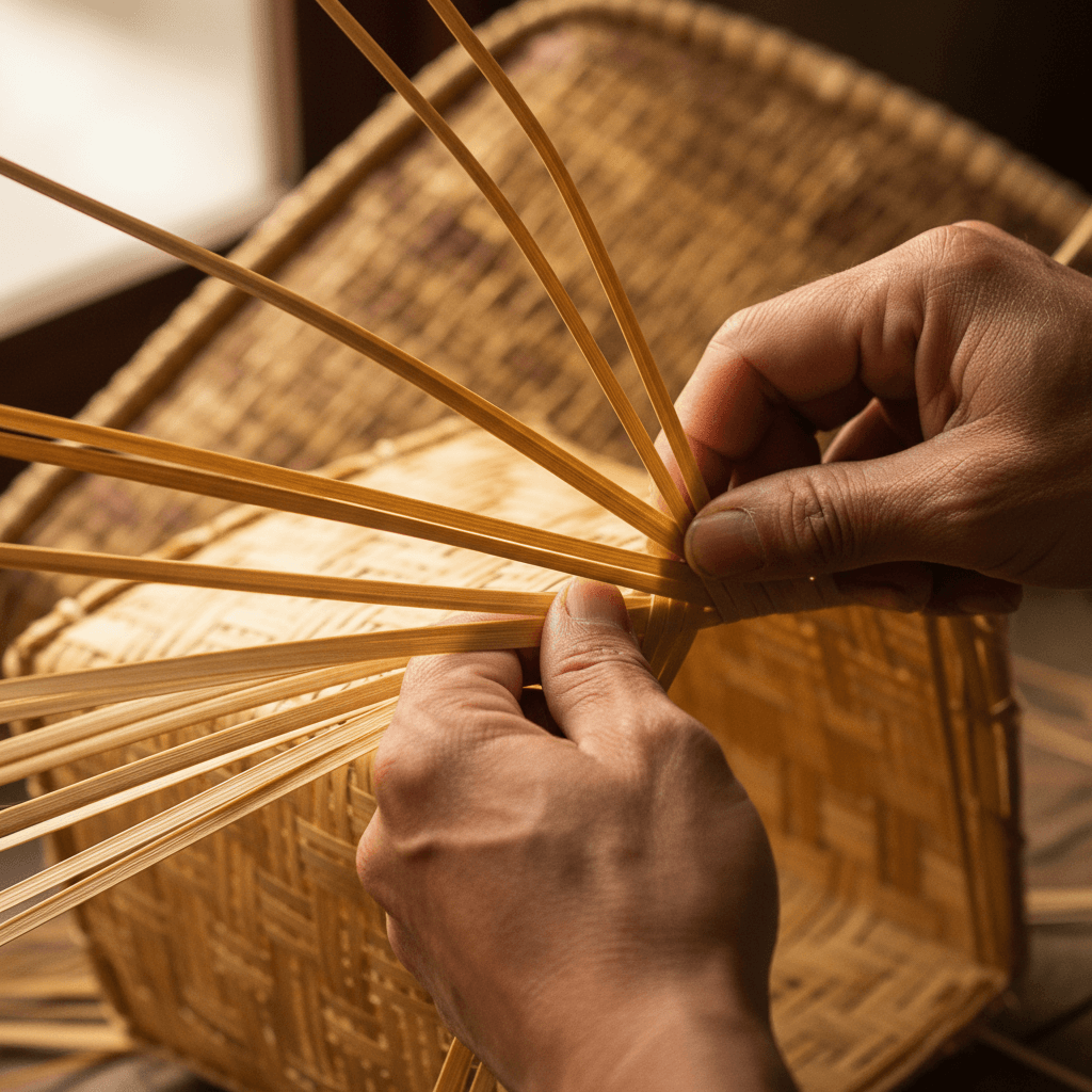 Villager weaving a bamboo and rattan tray