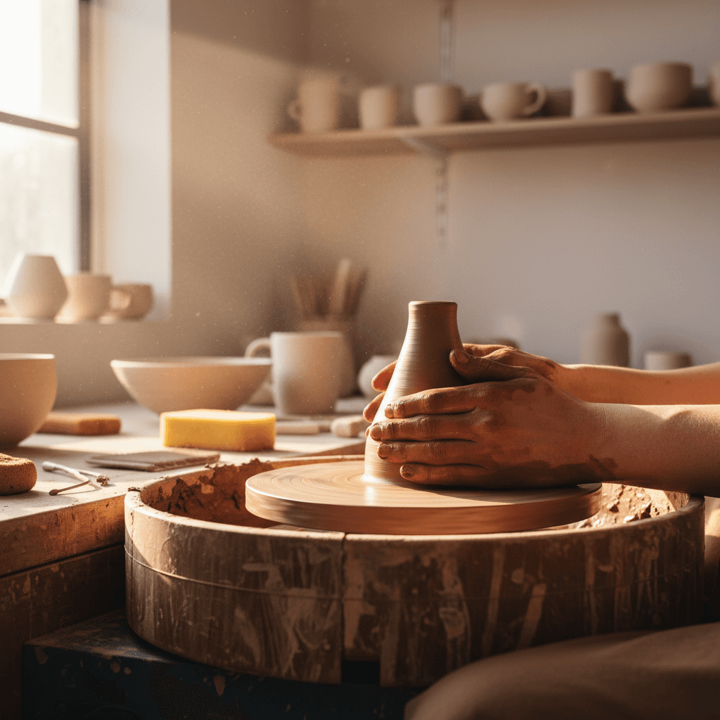 Hand-thrown clay pot being shaped on a pottery wheel