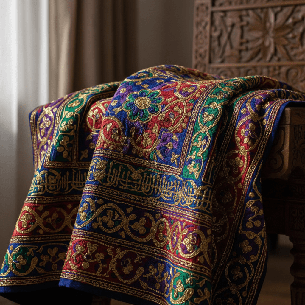 Traditional wool textile from Nepal with a diamond pattern, draped over a chair in a cozy Antwerp home